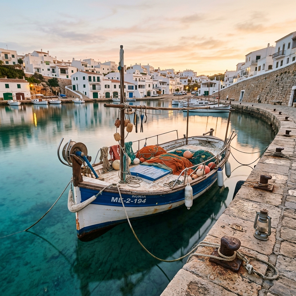 Barca de pesca artesanal amarrada en el puerto de Es Castell, Menorca